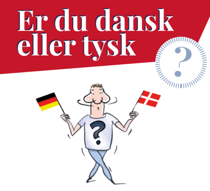 Illustration til af person med et dansk og et tysk flag og teksten: "Er du dansk eller tysk?" Illustration til af person med et dansk og et tysk flag og teksten: "Er du dansk eller tysk?"