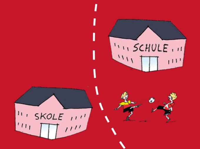 Tegningen viser en dansk og en tysk skole. Tegningen viser en dansk og en tysk skole.