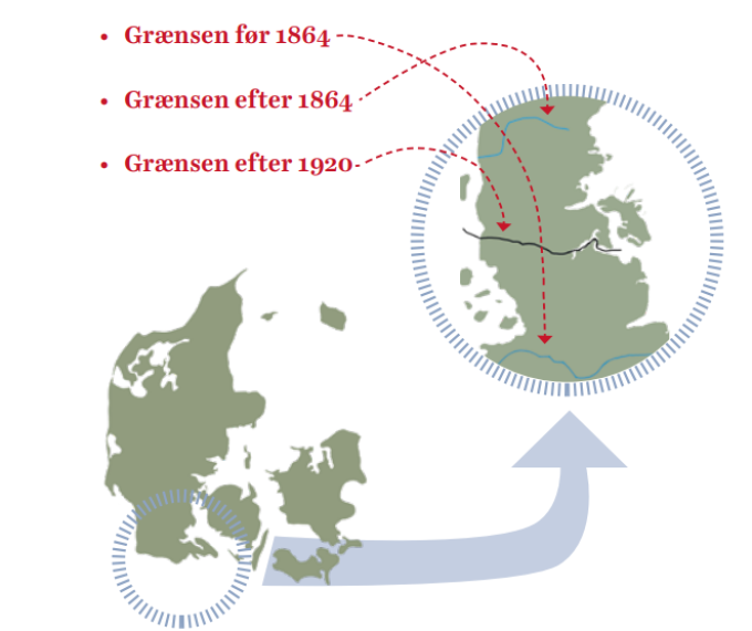 Illustrationen viser grænsen mellem Danmark og Tyskland før 1864, efter 1864 og efter 1920. Illustrationen viser grænsen mellem Danmark og Tyskland før 1864, efter 1864 og efter 1920.