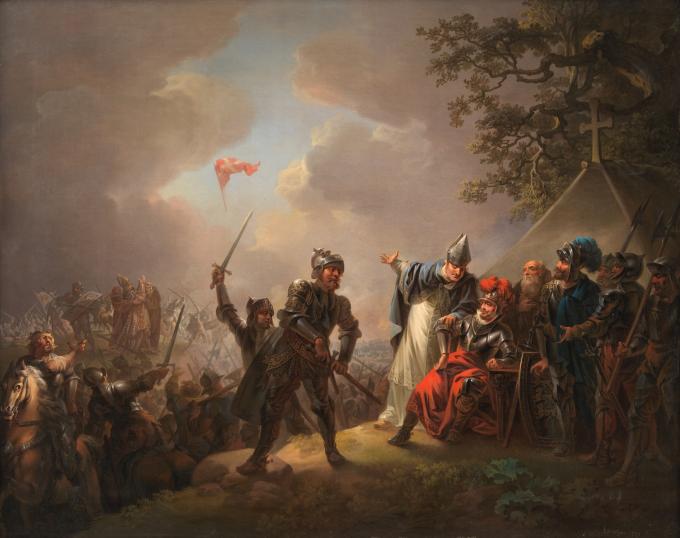 C.A. Lorentzens maleri af Dannebrog, der falder ned fra himlen under Volmerslaget ved Lyndanisse (Tallin) i Estland den 15. juni 1219. C.A. Lorentzens maleri af Dannebrog, der falder ned fra himlen under Volmerslaget ved Lyndanisse (Tallin) i Estland den 15. juni 1219.