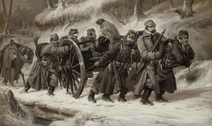 Niels Simonsens billede af danske soldater, der trækker en kanonlavet ved tilbagetoget fra Dannevirke i 1864. Niels Simonsens billede af danske soldater, der trækker en kanonlavet ved tilbagetoget fra Dannevirke i 1864.