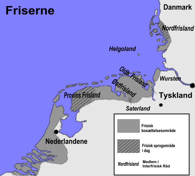 Kortet viser det område, hvor friserne bor, og hvor der tales frisisk i dag.