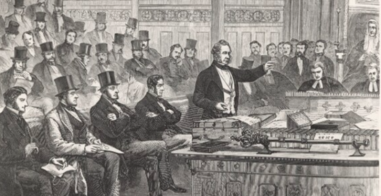 Tegning af Lord Palmerstone, der taler om den dansk-tyske konflikt under Londonkonferencen.