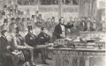Tegning af Lord Palmerstone, der taler om den dansk-tyske konflikt under Londonkonferencen.